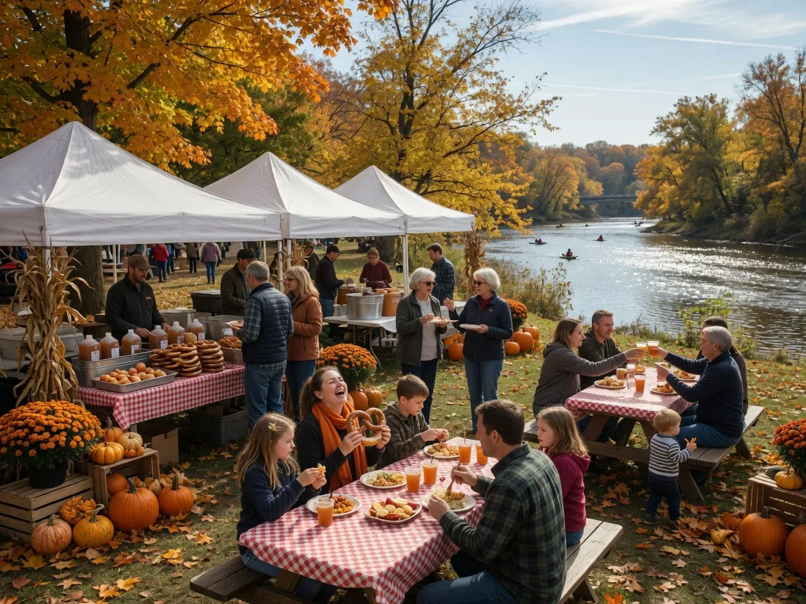 An autumn harvest celebration in a Pennsylvania riverside park on a bright October afternoon, white canopy tents over wooden tables, cider and pretzel stalls, pumpkins and mums in wooden crates, families mingling, maples in orange and gold, the river glinting in the background