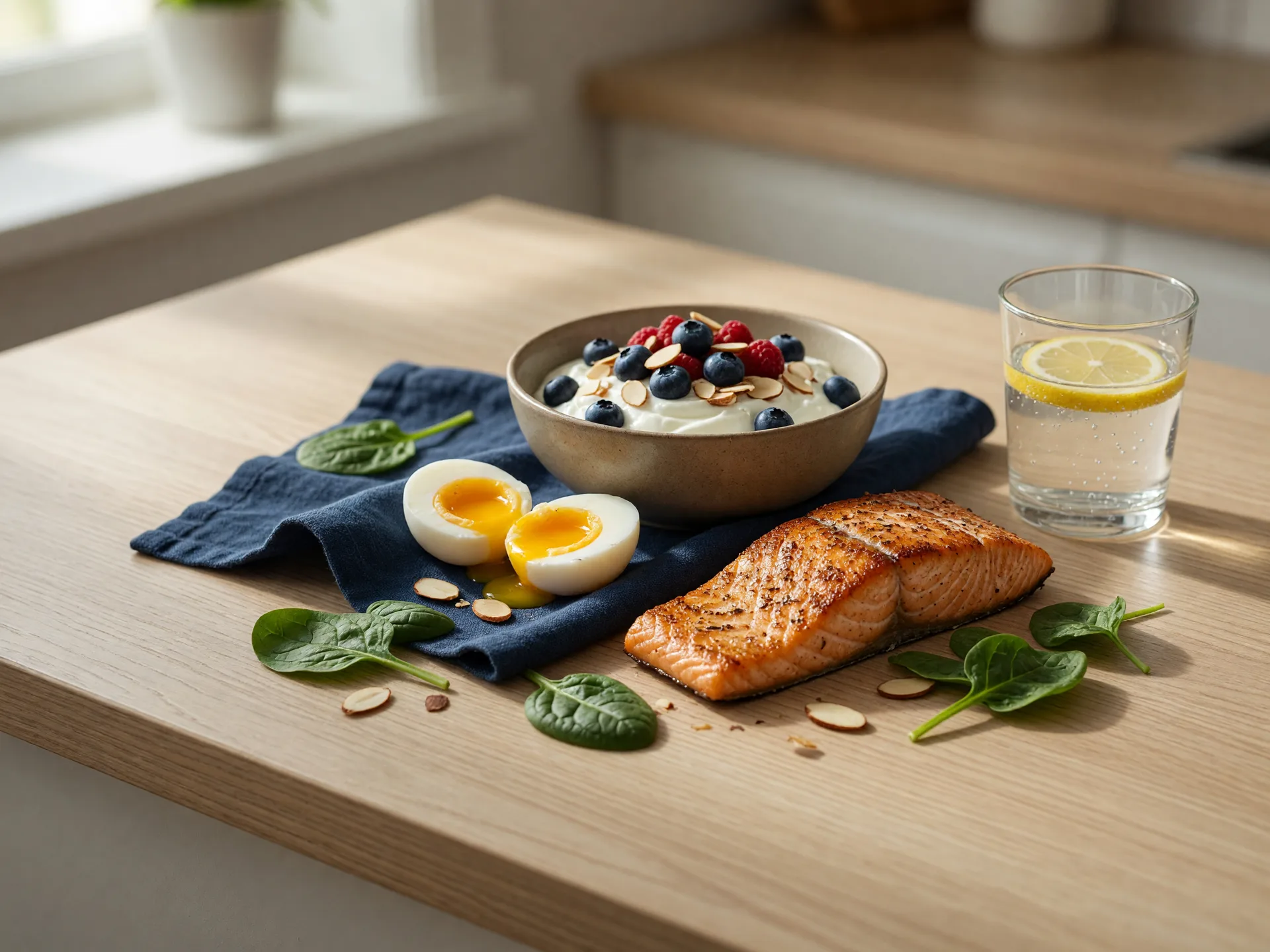 A high-protein meal with salmon, eggs and yogurt, part of a muscle-preserving weight loss approach