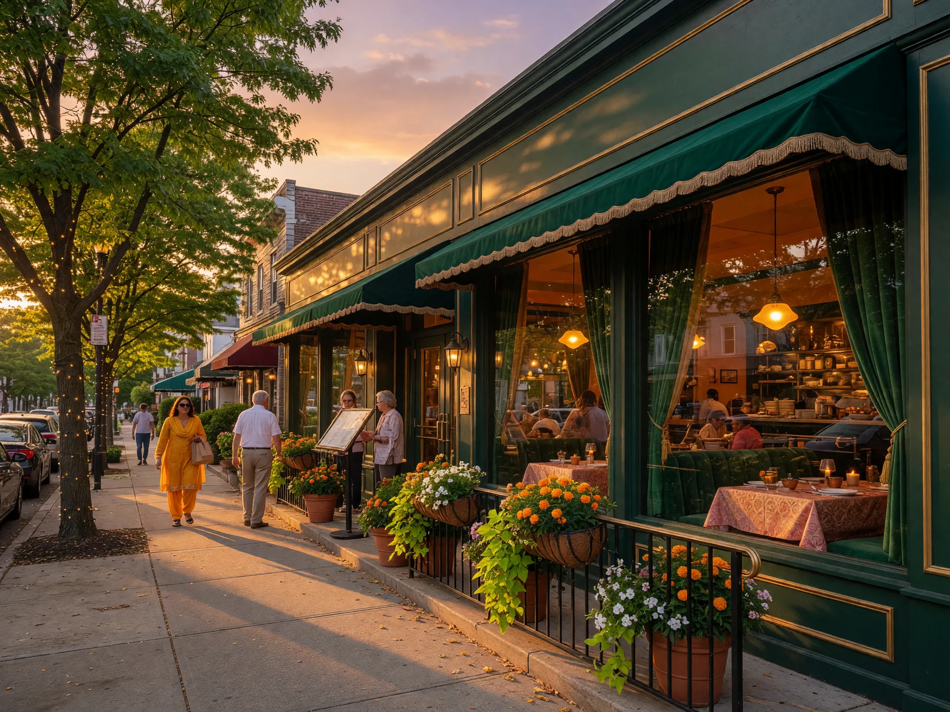 Indian fusion restaurant on Eagle Rock Avenue in West Orange New Jersey with warm evening lighting and street trees