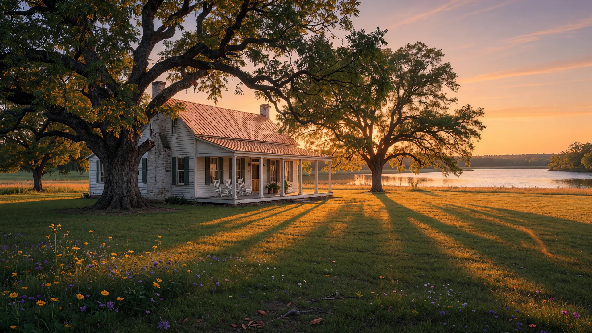Historic 1873 farmhouse with white columned porch and ancient pecan trees at golden hour, looking across a flat lawn toward Lake Hartwell