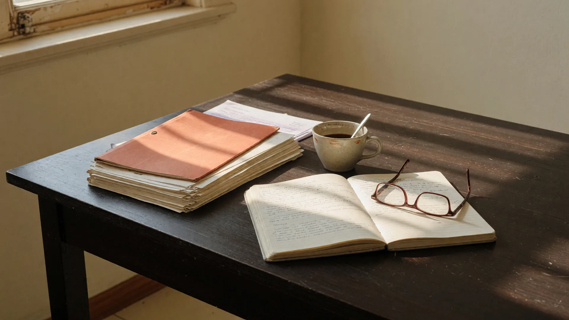 A sunlit table with open notebooks, printed plans, reading glasses, and coffee, in warm cream and espresso tones