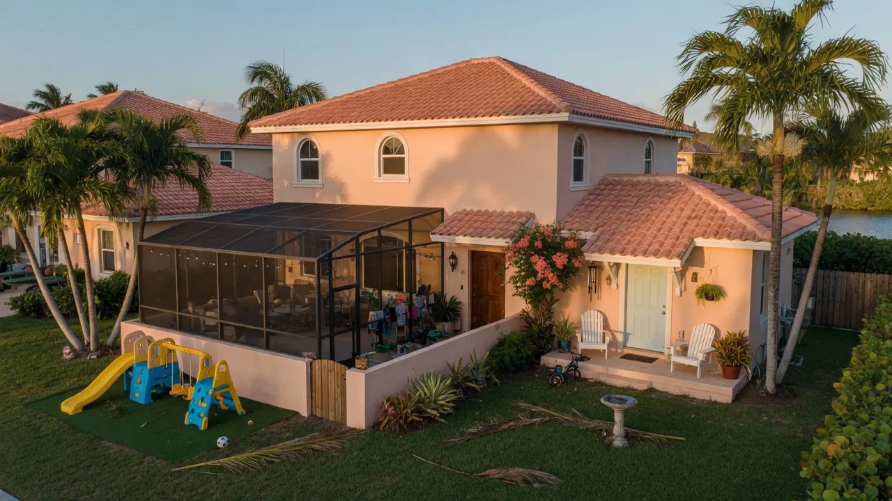 A warm connected multigenerational home in a southwest Florida coastal neighborhood, a Mediterranean main house with an attached casita that has its own entrance, a shared screened lanai, and palms in golden afternoon light