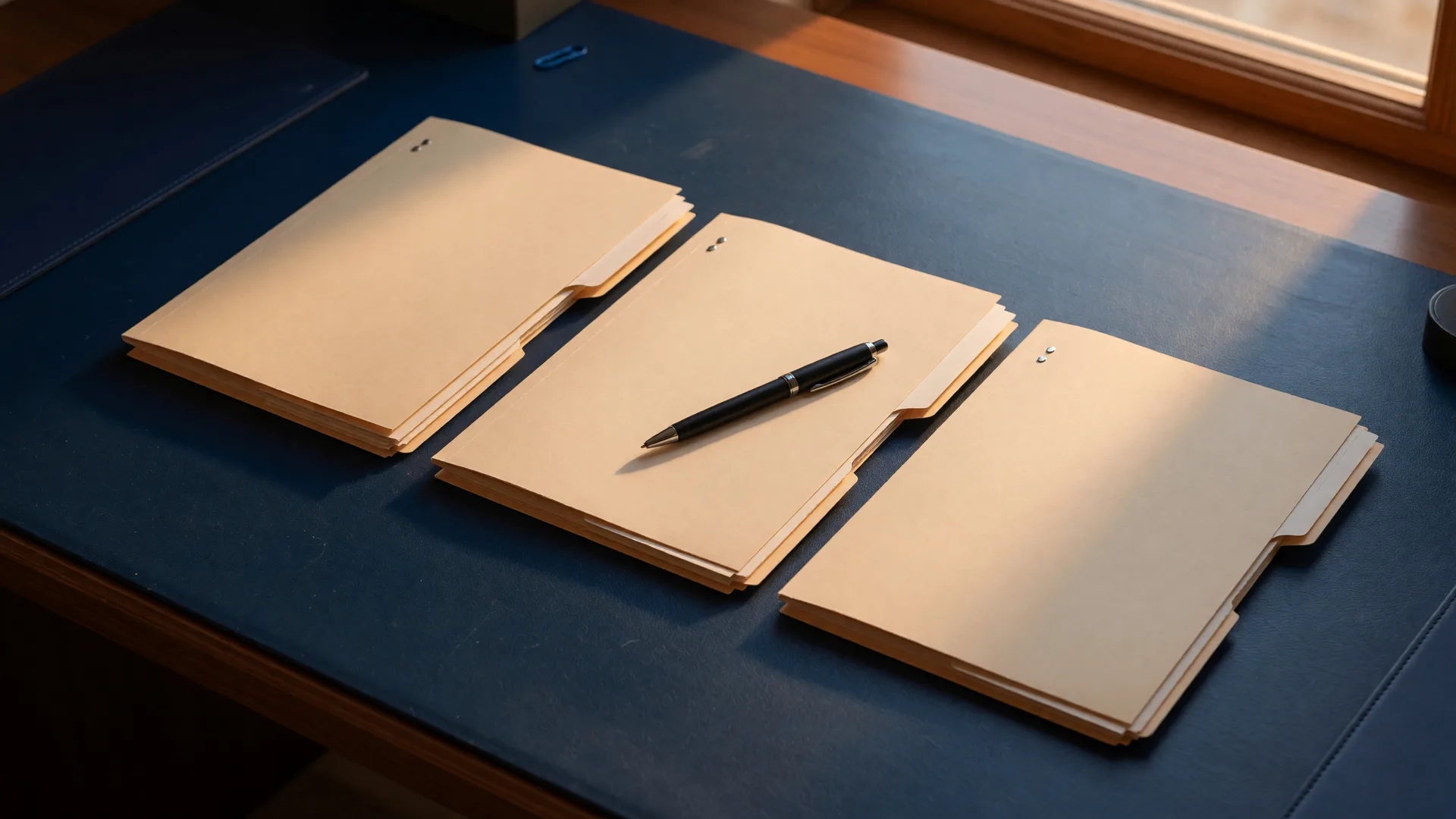 Three manila folders fanned open on a navy desk with a pen across them