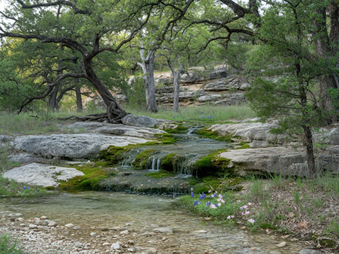 Clear spring water seeping over mossy limestone ledges into a shallow creek beneath gnarled live oak trees