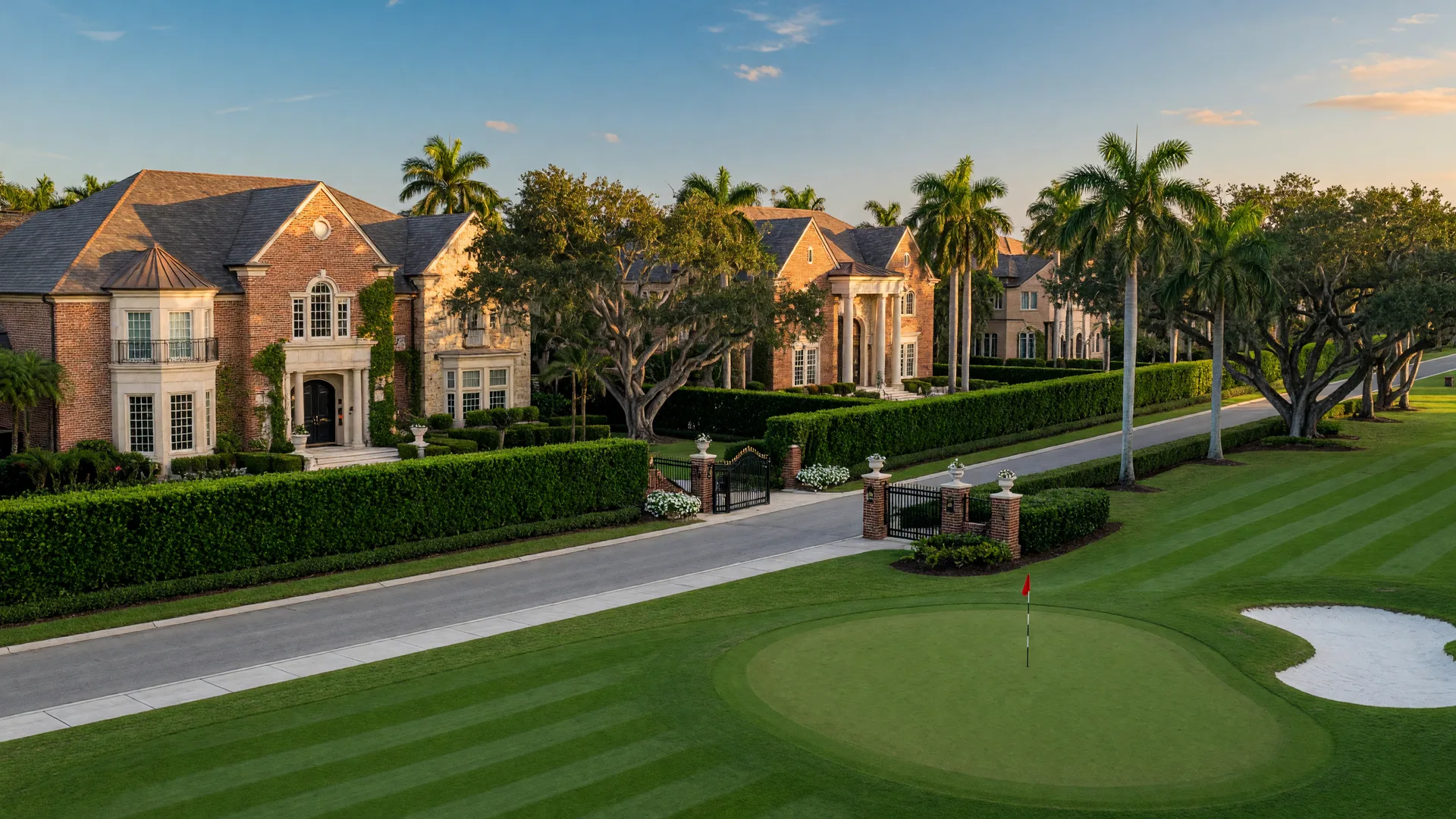 English manor-style estate homes along a gated boulevard at St. Andrews Country Club in Boca Raton with a manicured golf fairway