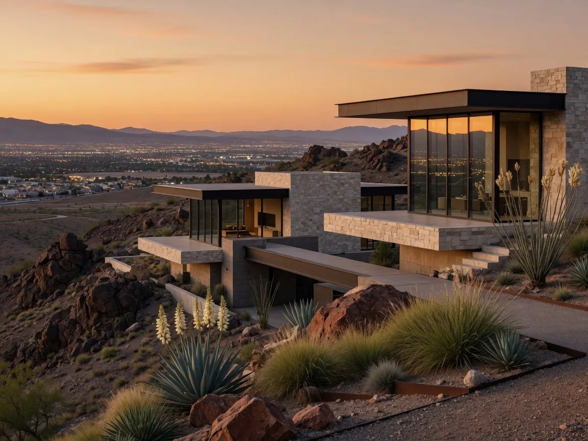 Modern flat-roofed desert homes with glass and stone at dusk in Ascaya, Henderson Nevada