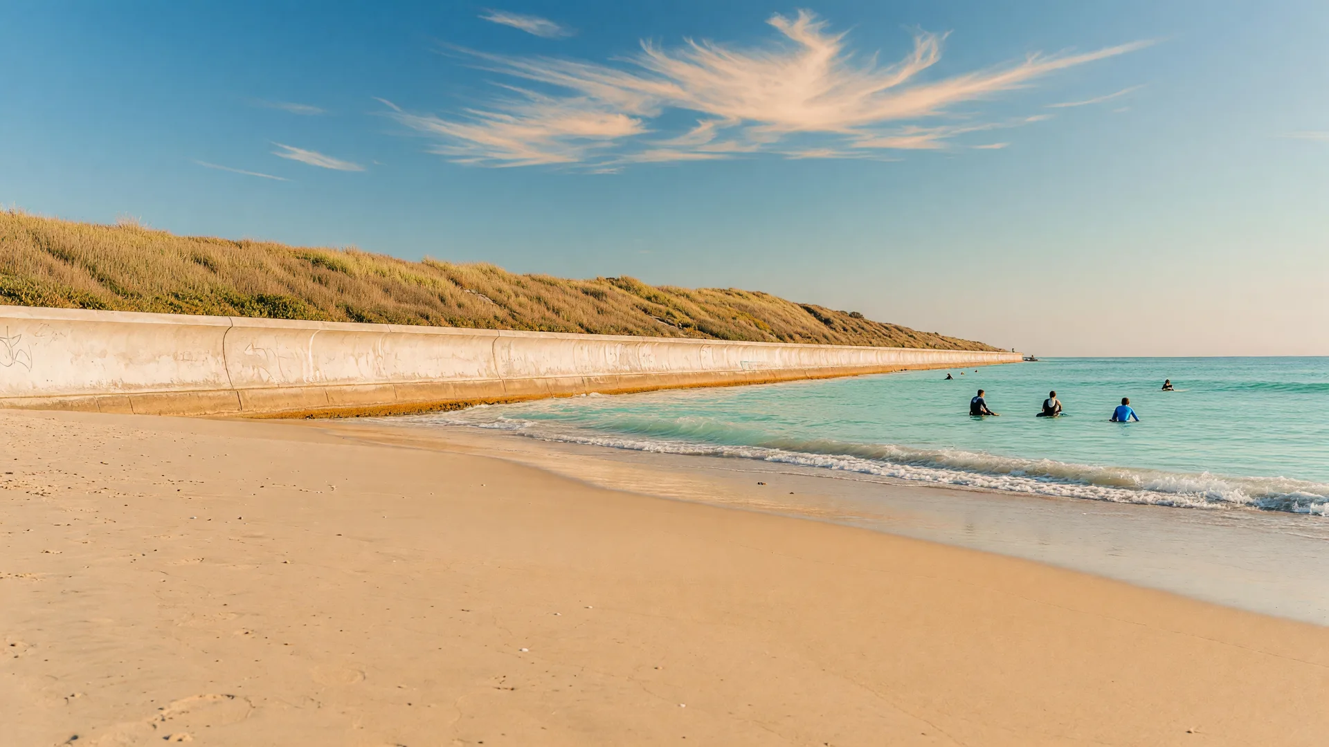 A sunny day at Carlsbad State Beach with surf, a grassy bluff, and the sea wall