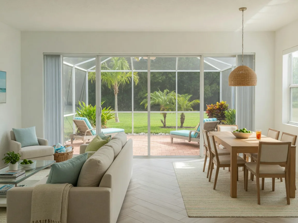 Open-concept living and dining area inside a single-story villa in Palm Beach County with sliding glass doors to a screened lanai.