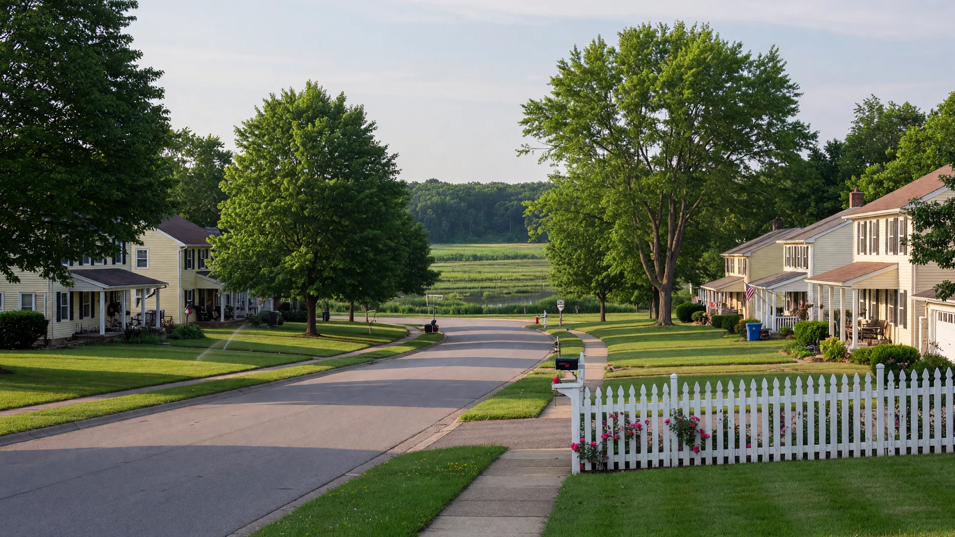 Tree-lined residential street in Sheffield Village, Ohio with well-maintained suburban homes on a sunny summer afternoon
