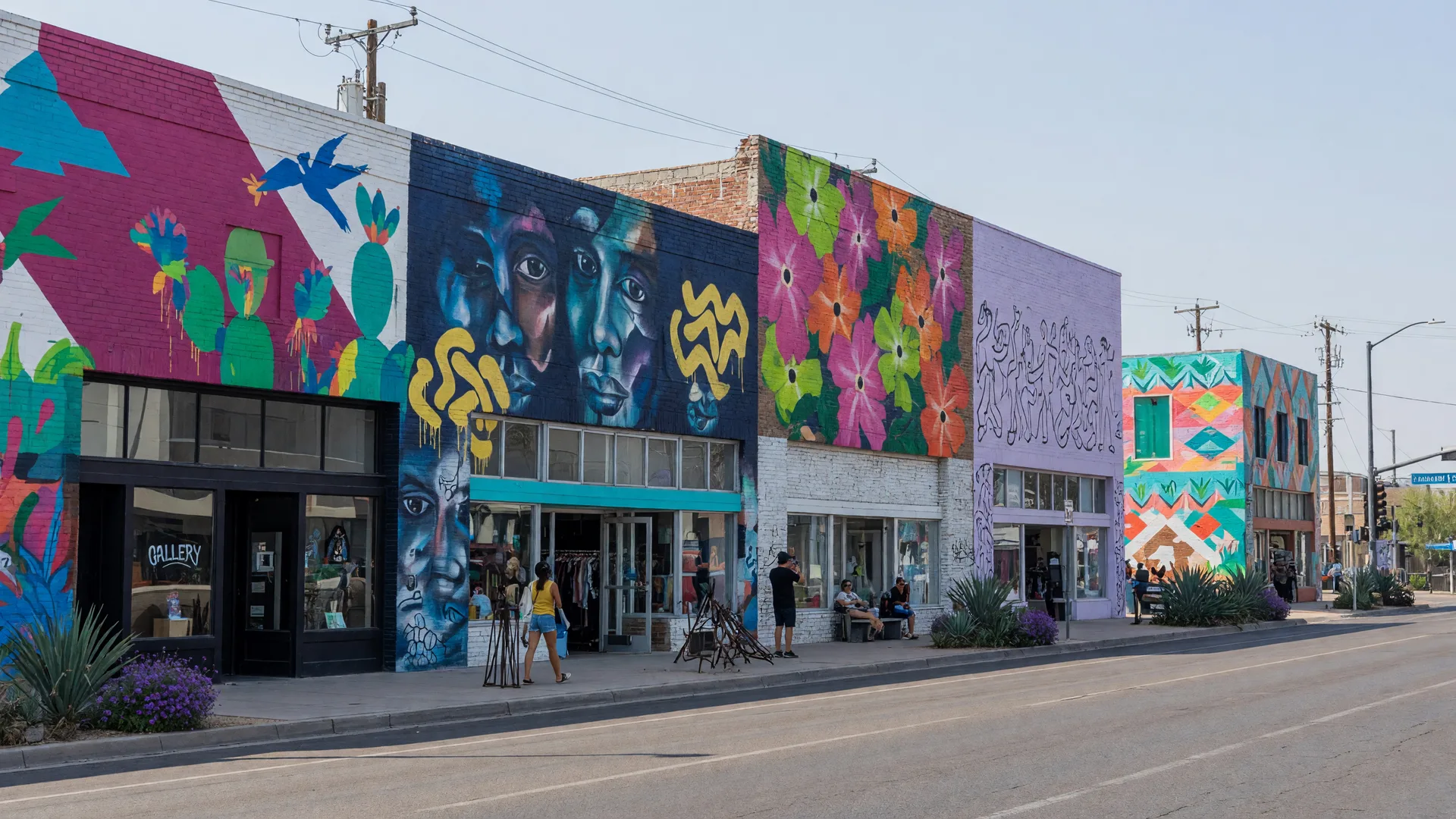 Colorful murals and string lights along the Roosevelt Row arts district in downtown Phoenix at dusk