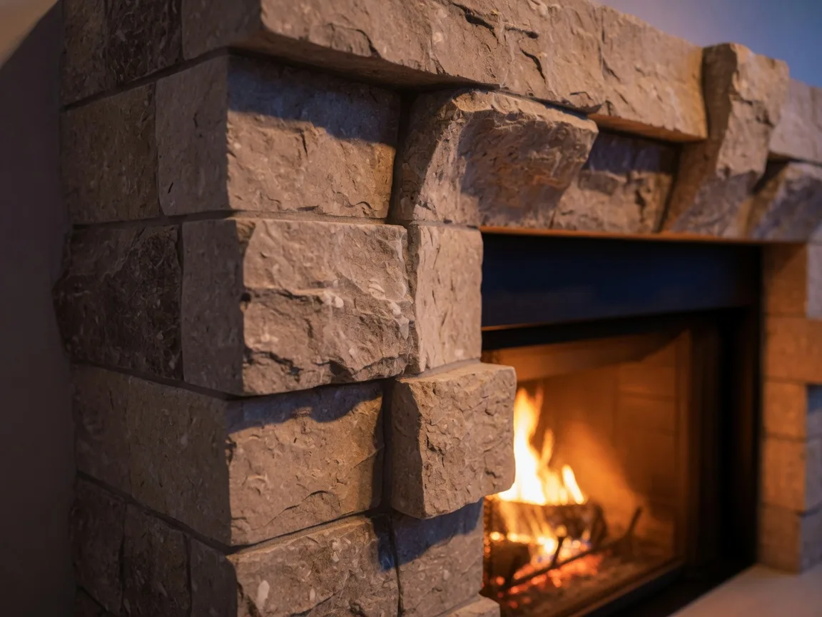 Sculptural stone fireplace with warm glow