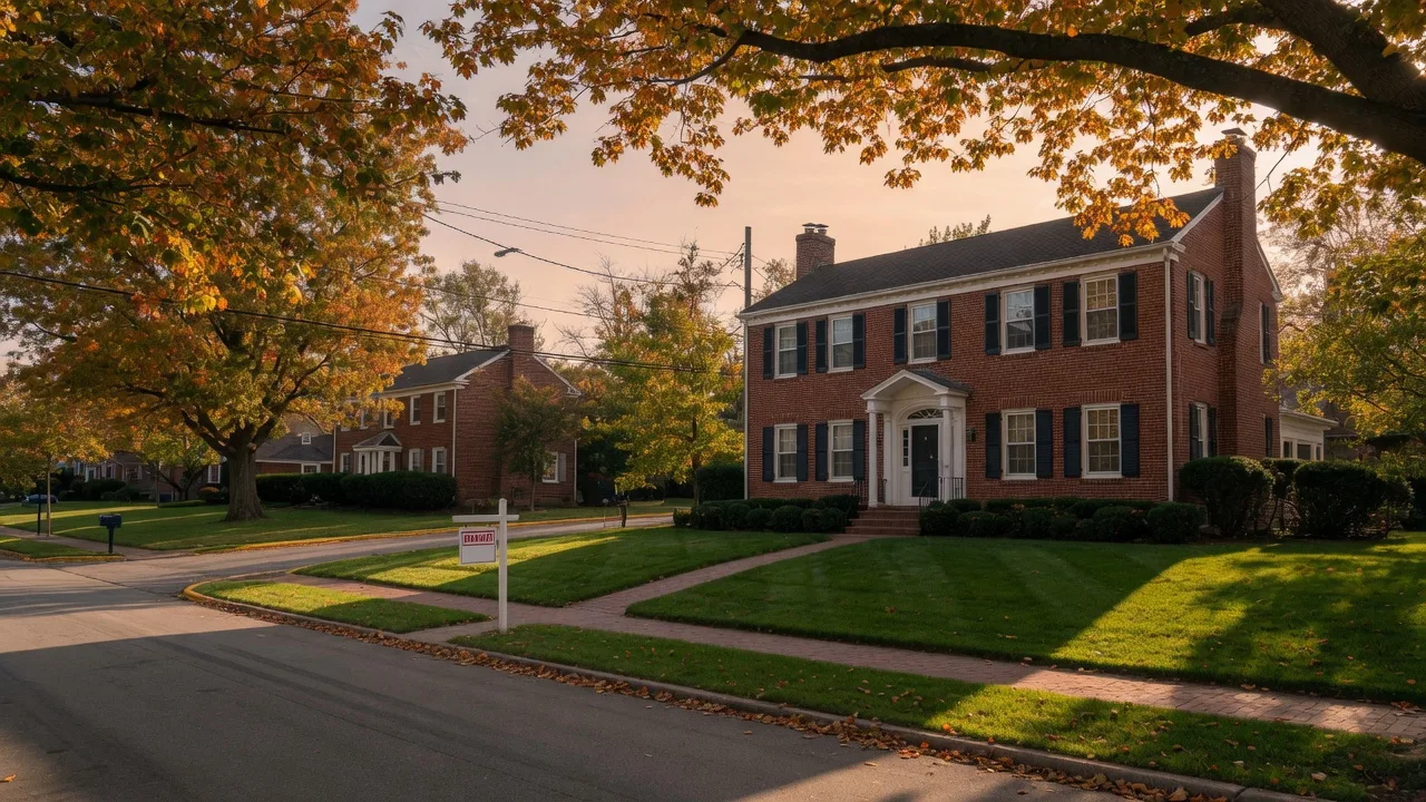 Classic brick colonial home in a Prince George's County suburban neighborhood with autumn foliage and a For Sale sign by the walkway