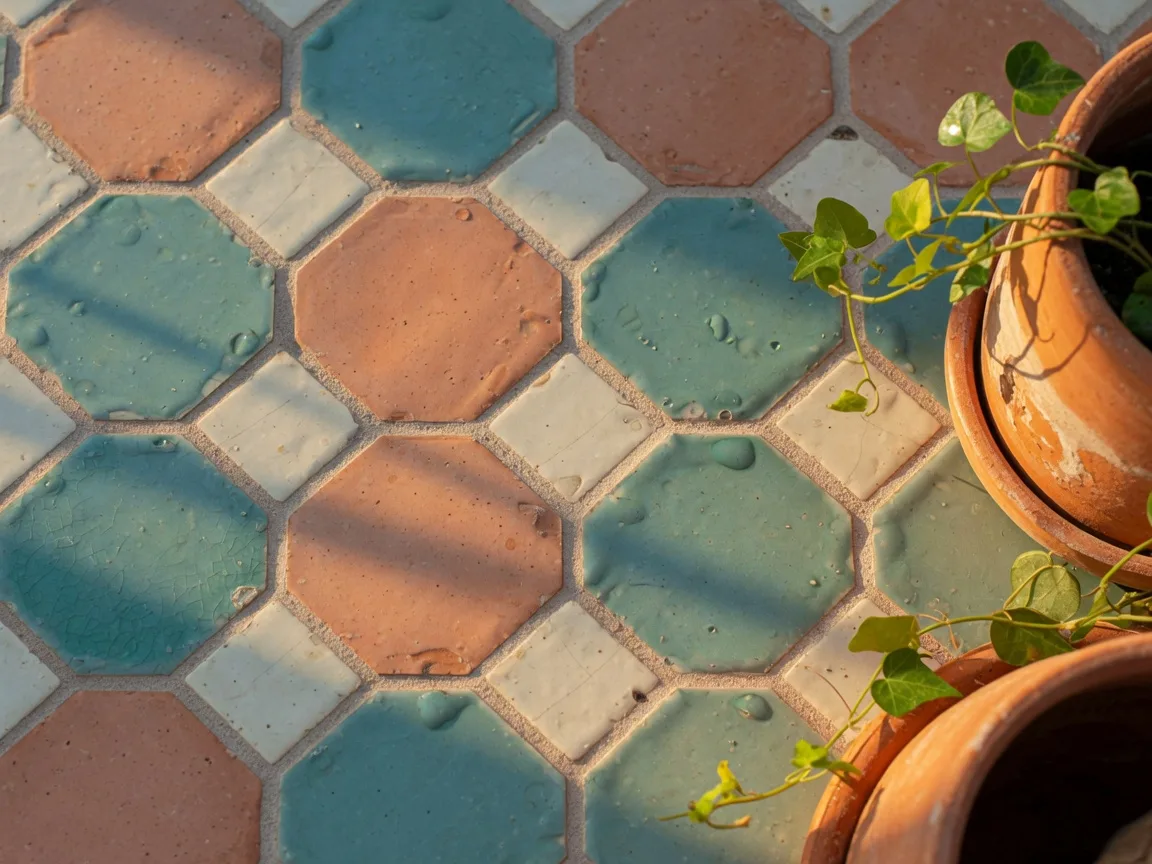 Hand-glazed ceramic tiles in clay, teal, and cream, warm late-afternoon light