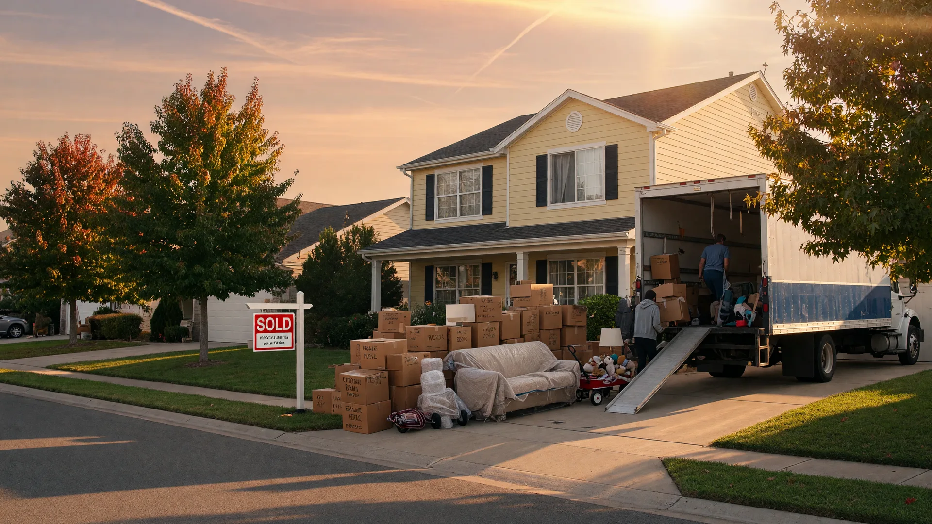 A moving truck in front of a sold home at golden hour