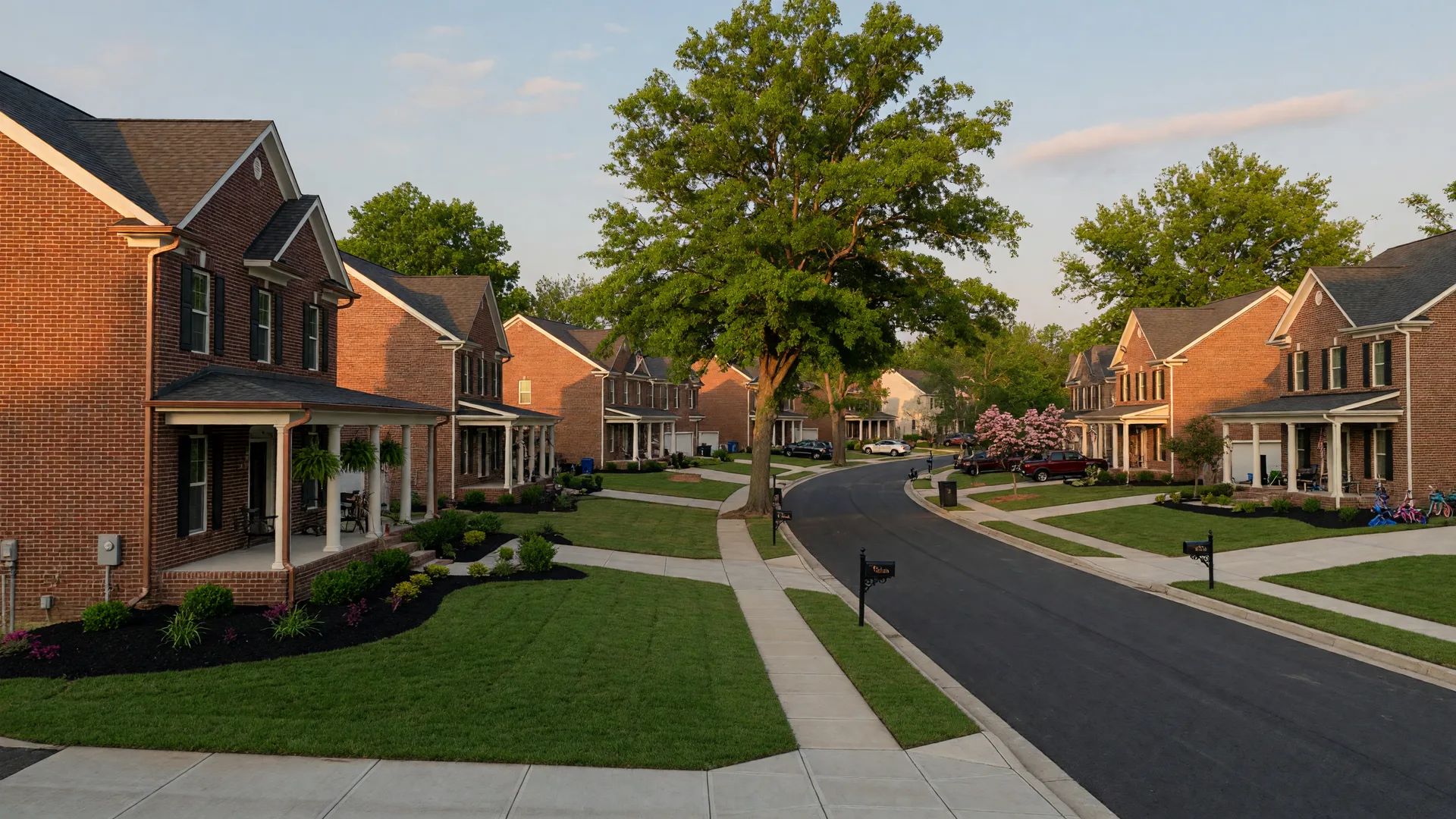 New construction traditional brick homes in Jeffersontown, Kentucky with mature trees and east Louisville suburban setting