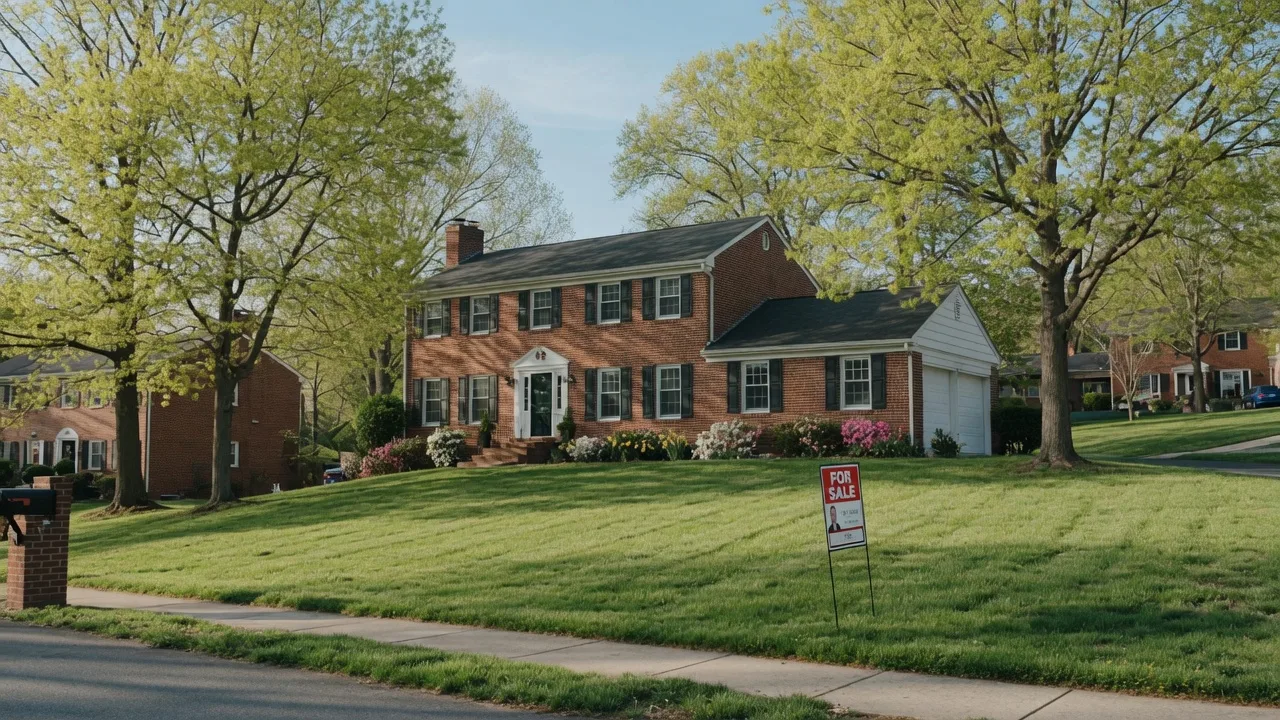 A well-maintained brick colonial home in a Maryland suburb with a For Sale sign, representing the type of probate property beneficiaries and Personal Representatives may need to navigate