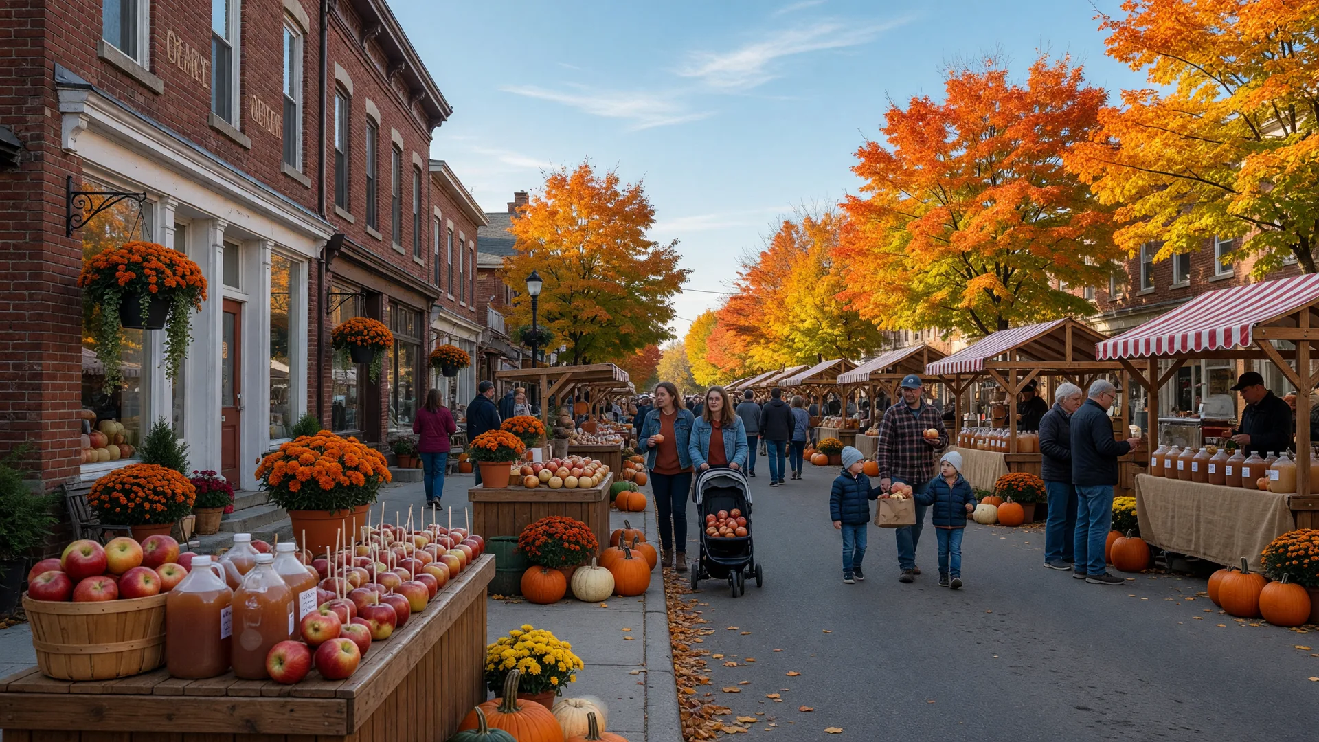 Historic main street in a small Ontario town on a crisp mid-October Saturday morning, set up for an autumn apple festival with stalls of red apples, cider and pumpkins, families strolling beneath sugar maples in full orange and gold colour
