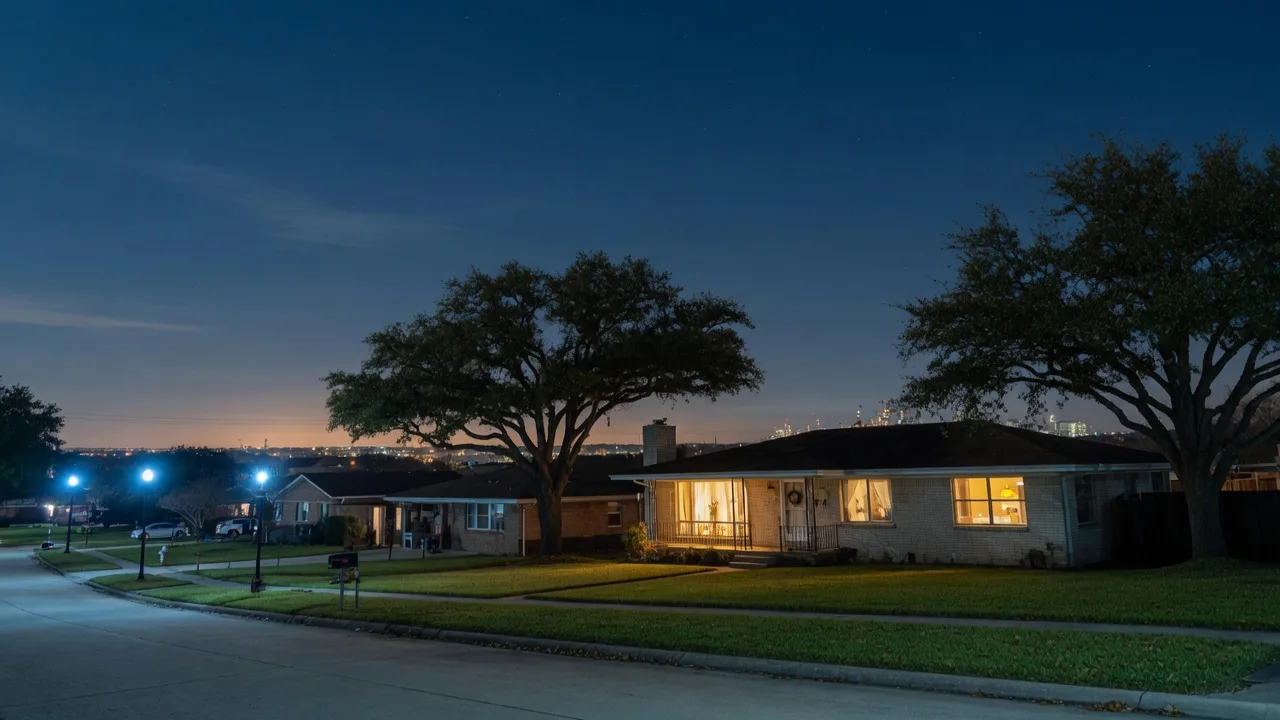 Single-story suburban home glowing at blue hour in a northwest Houston neighborhood
