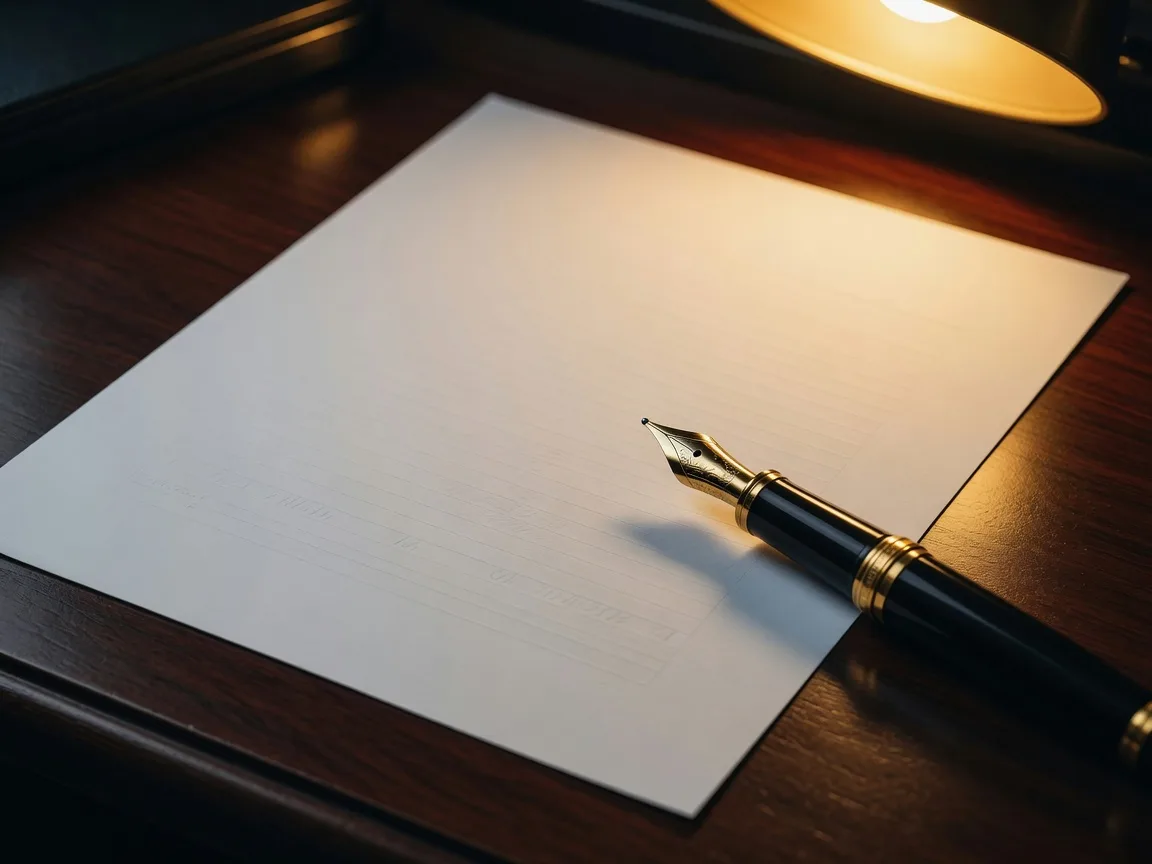A close-up view of a blank contract and fountain pen on a polished dark wood desk, representing the importance of written agreements in real estate team leadership.