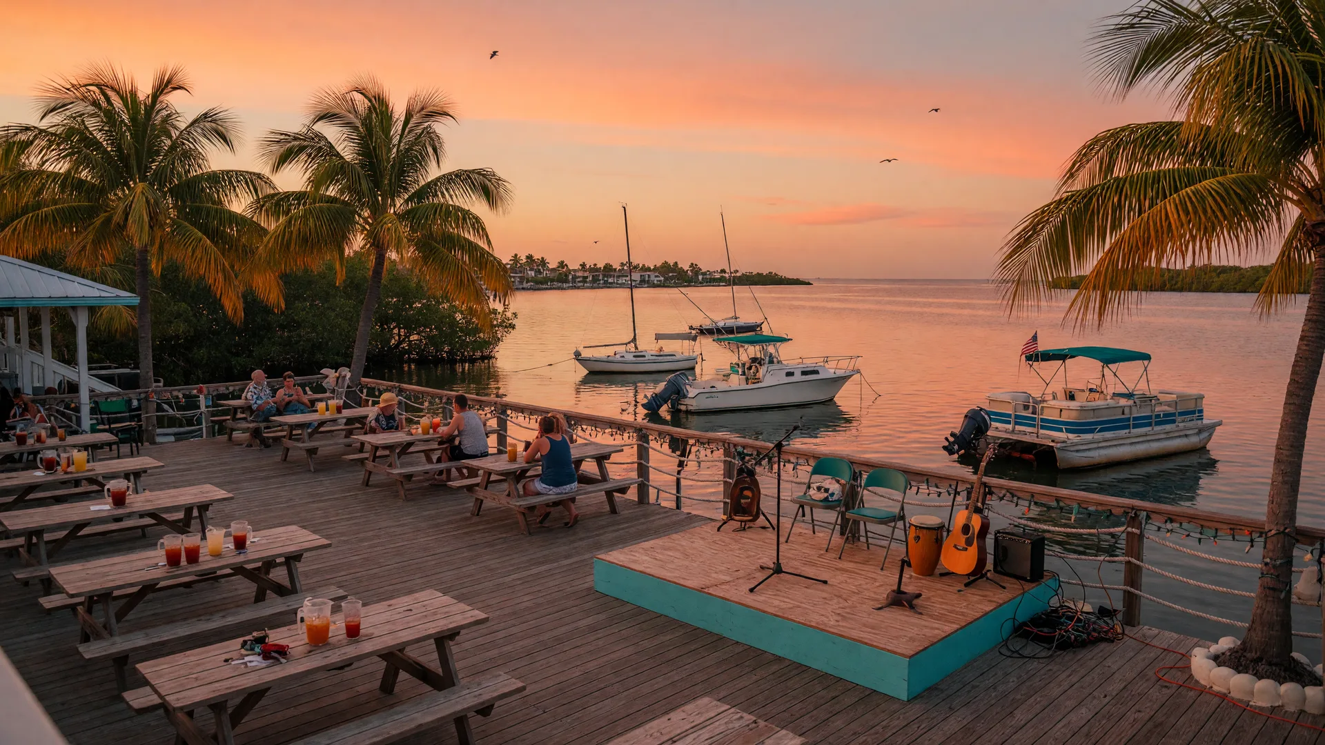 Waterfront live music deck on Marco Island at golden hour with palm trees and boats at sunset