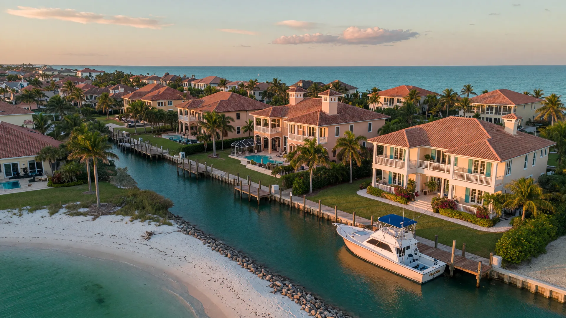 Gulf-front luxury estate homes in Southwest Florida at golden hour, with tile roofs, palm-lined grounds, a private dock and boat along turquoise water