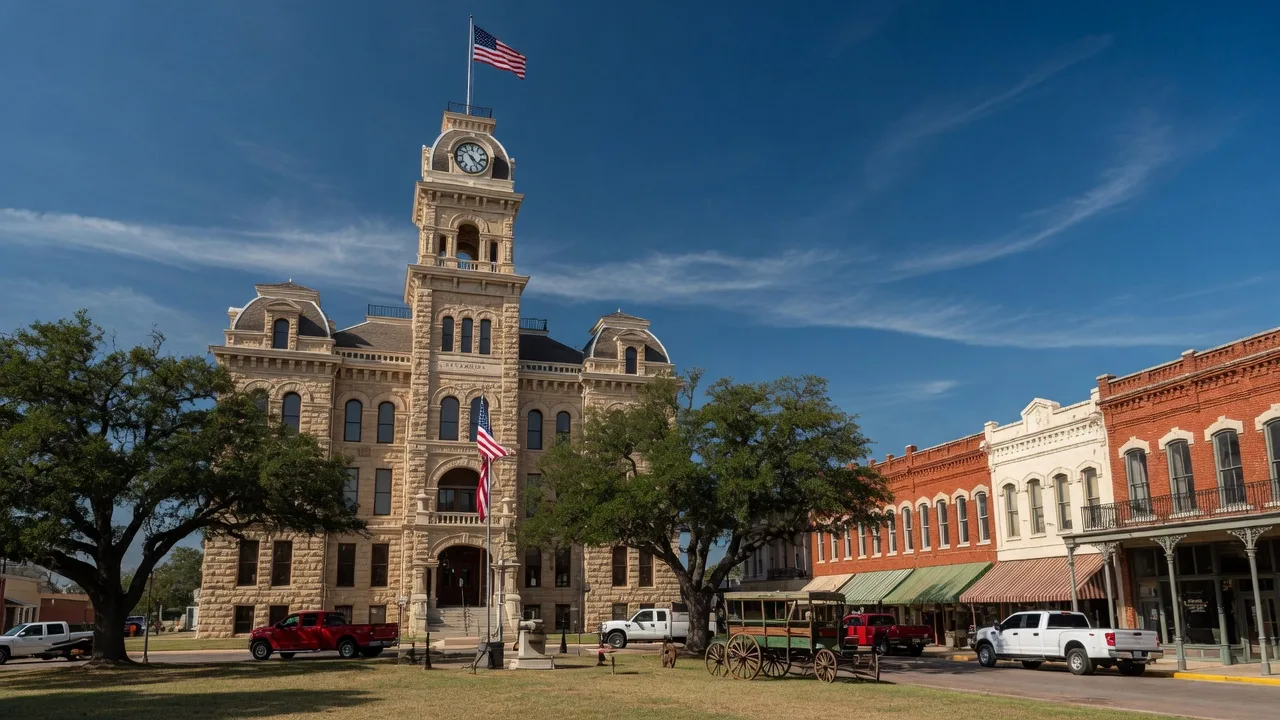 The 1896 Gonzales County Courthouse, a rusticated limestone Romanesque Revival building with a central clock tower, anchoring a historic Texas town square lined with Victorian storefronts and live oaks