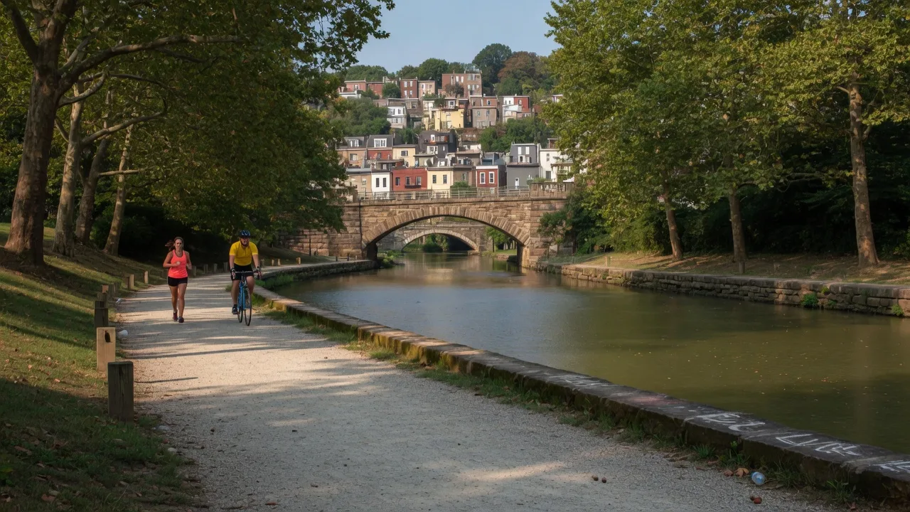 Manayunk Canal Towpath with Schuylkill River trail, trees, and historic stone bridge