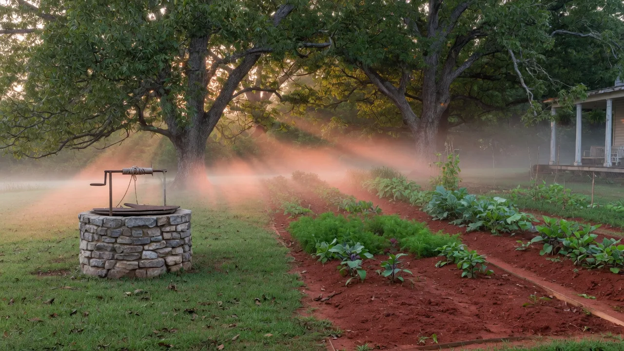 Morning light over a stone well and kitchen garden beneath mature pecan trees on flat Southern farmland