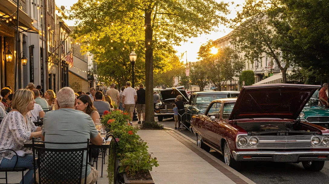 Late-summer evening in an Essex County downtown with string lights, outdoor dining tables, and a classic car show along the street