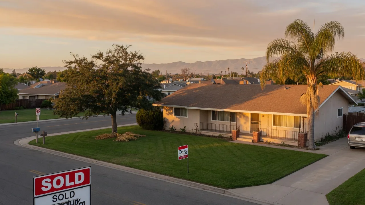 California ranch-style home in a Merced County neighborhood at golden hour with a Sold sign in the front lawn, mature oak and palm trees, and the Sierra Nevada foothills on the horizon