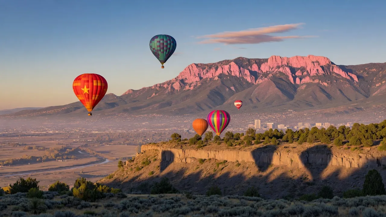 Hot air balloons drift over the Sandia Mountains at sunrise with the Rio Grande valley below, a crisp October morning near Albuquerque, New Mexico