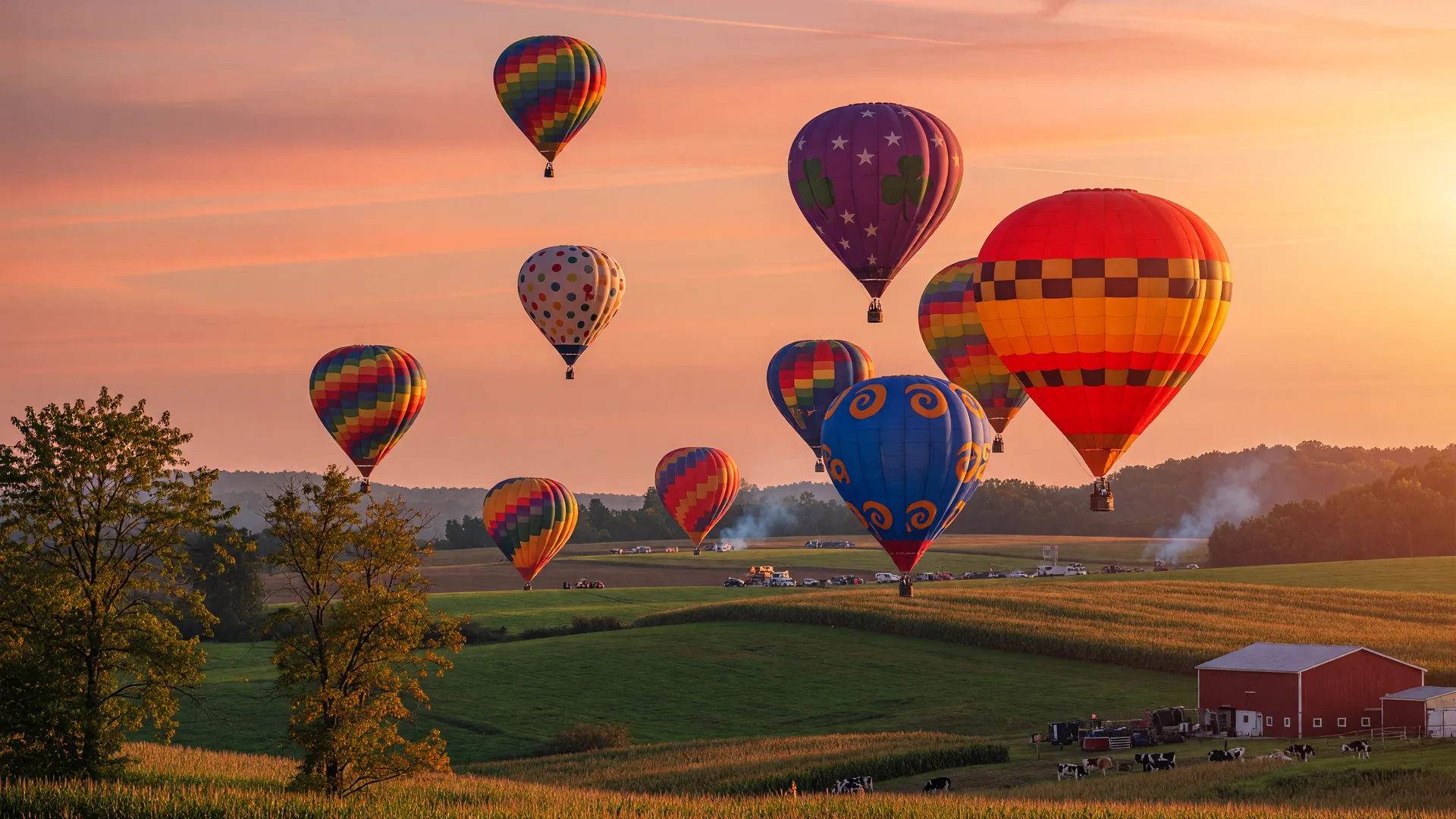 Colorful hot air balloons rising over Pennsylvania farmland at golden hour in early autumn