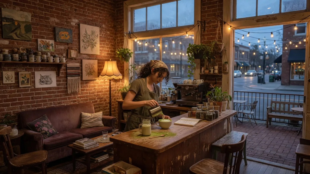 Warm editorial photo of The Night Owl in Downtown Fullerton: a bohemian vintage coffeehouse with exposed brick, thrifted furniture, and a string-lit brick patio at dusk
