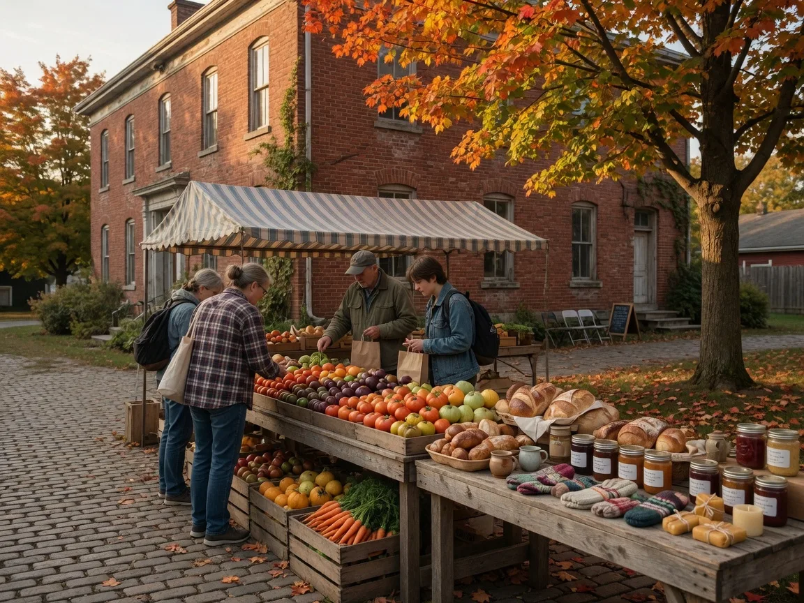 Friday afternoon market stall with seasonal vegetables, fresh baked bread, preserves, and handmade crafts in the courtyard of a heritage building in Warkworth