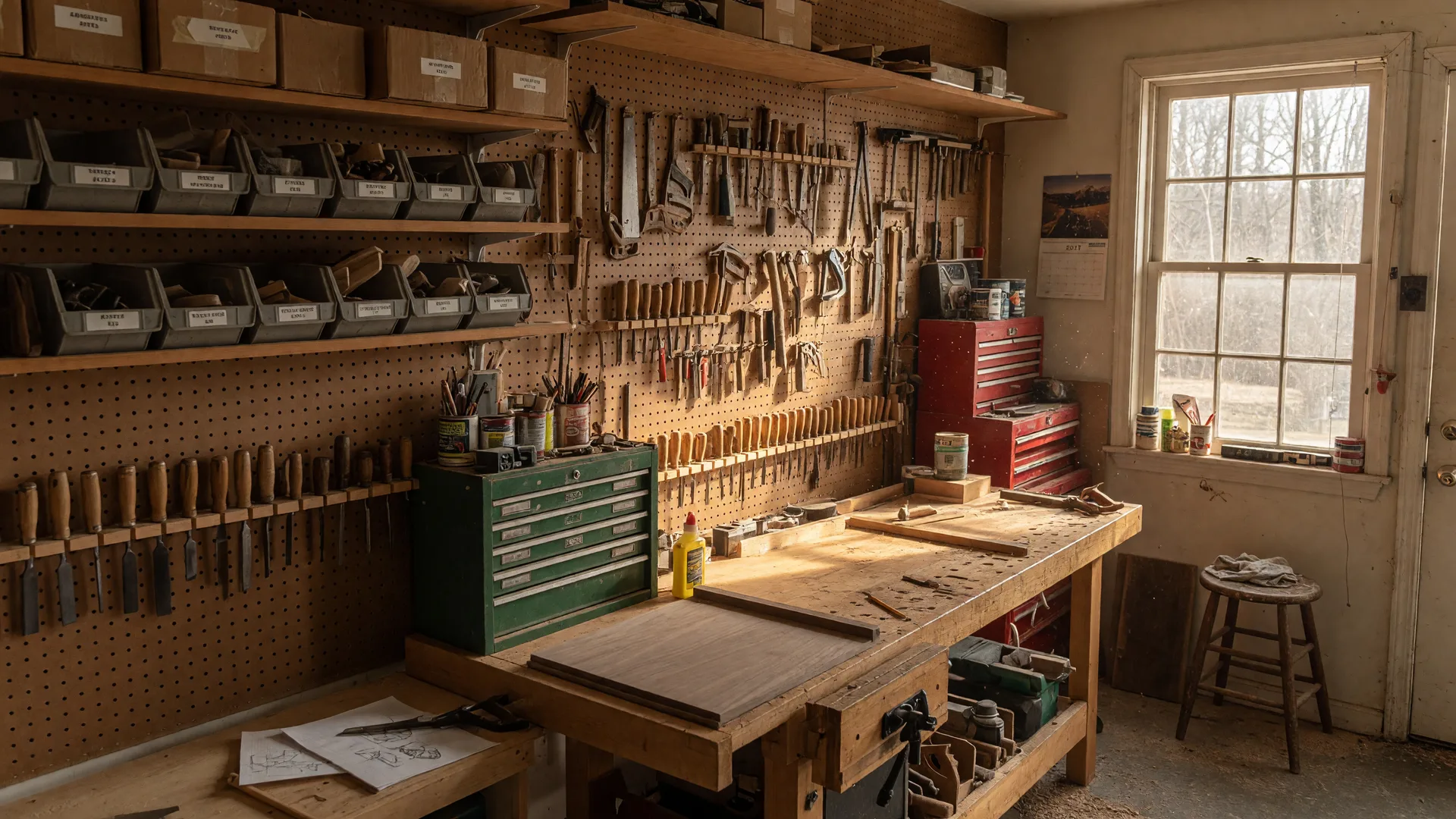 Well-organized woodworking workshop with tools and projects in a Greater Victoria home