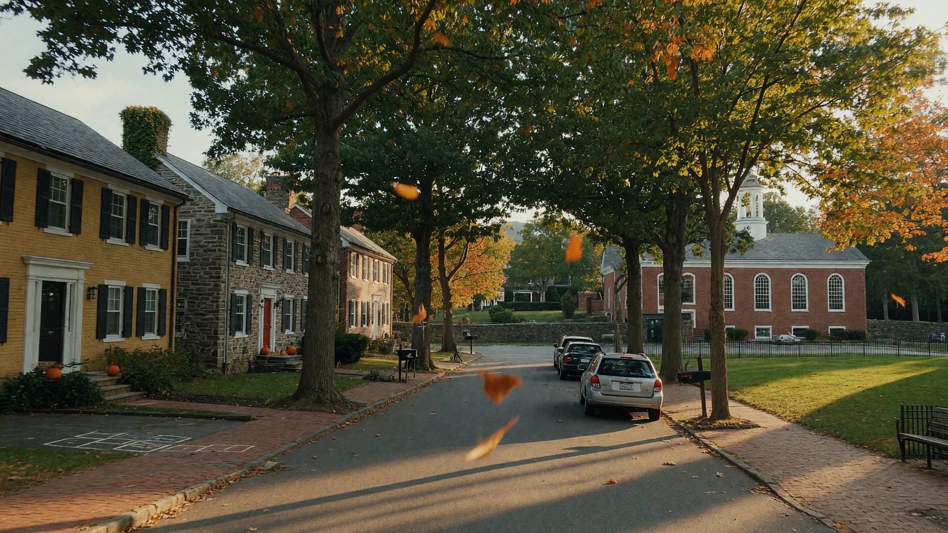 A tree-lined residential street in Rydal PA in mid-September with golden late-afternoon light across stone and brick homes under mature oaks with the first hints of autumn color