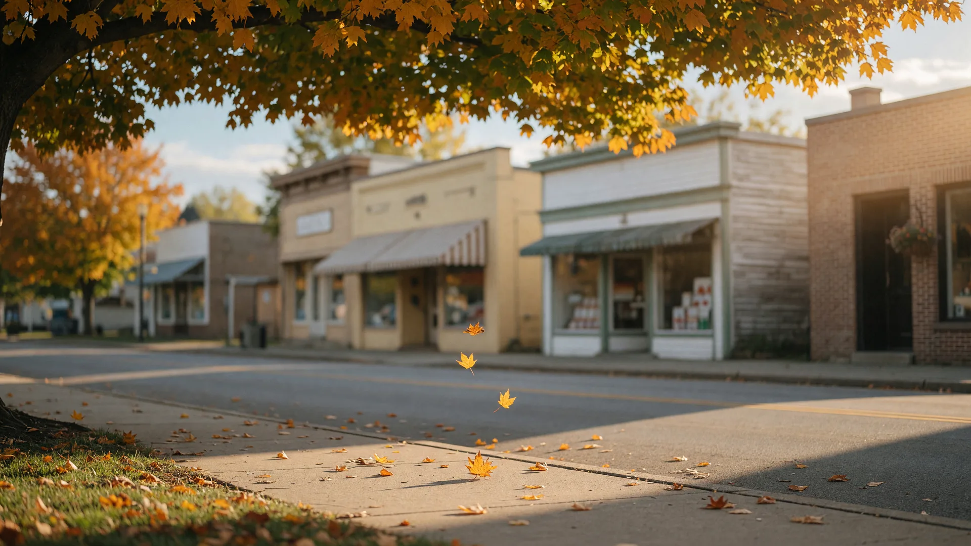 Warm autumn light along a quiet small-town sidewalk