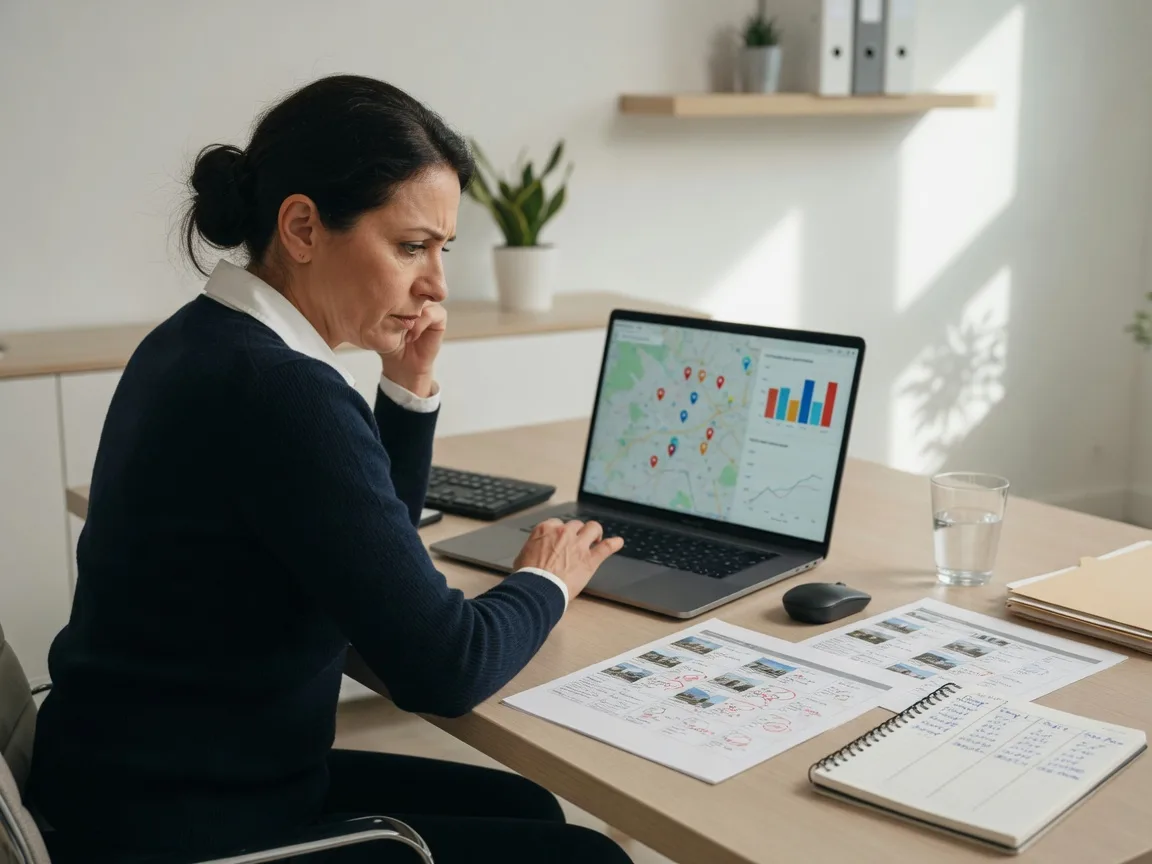 Agent analyzing comparable sales and market data on a laptop with printed listing reports.