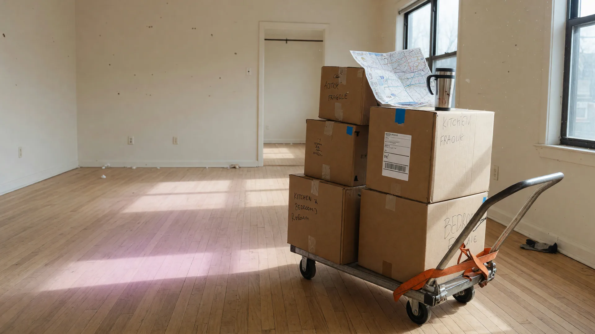 Stacked moving boxes and a roadmap in a bright sunlit apartment during a long-distance move