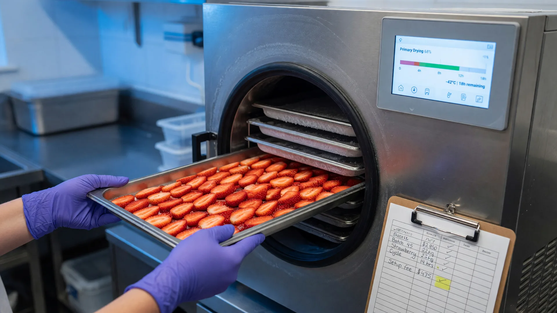 Gloved hands slidinga tray of sliced strawberries into a commercial freeze dryerwith a glowing digital control screen