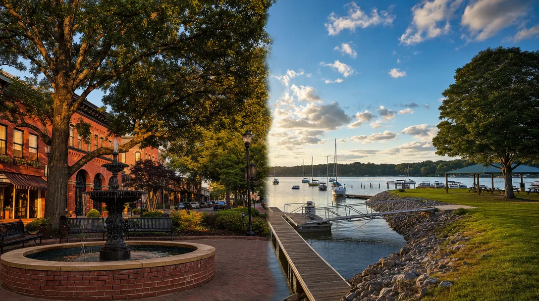 Split scene: Marietta's historic Square with Glover Park on the left and Acworth's Lake Acworth shoreline on the right under warm afternoon light