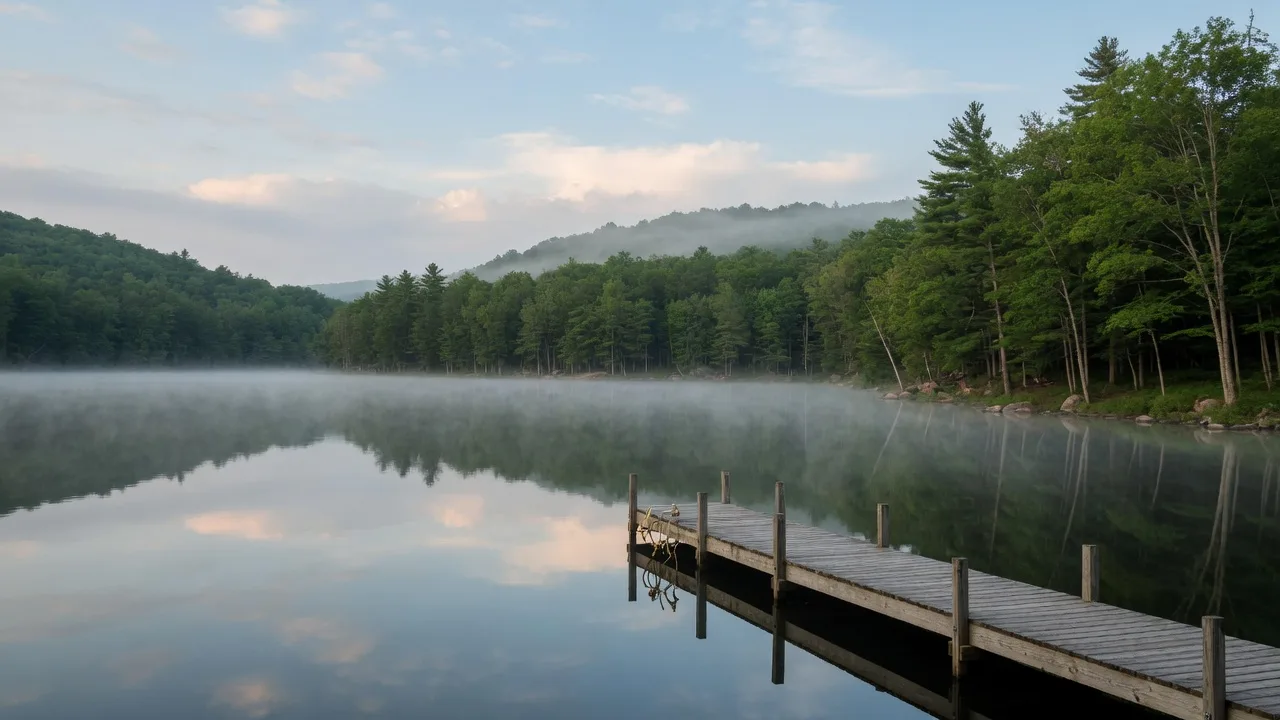 Peaceful lake in the Pocono Mountains near Milford, Pennsylvania with pine forest and wooden dock