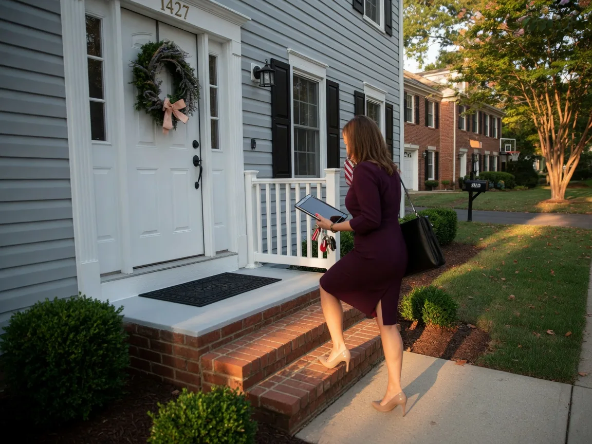 A real estate agent walking up the front steps of a freshly painted home in a suburban Northern Virginia neighborhood, ready for showings