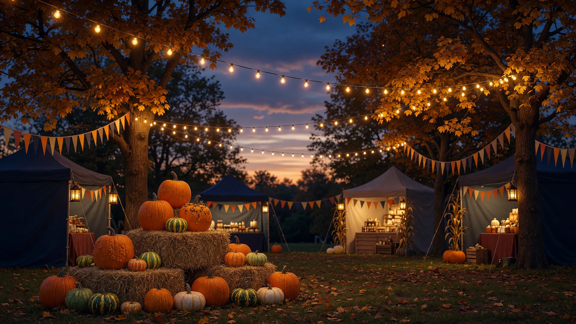 Warm fall festival scene at dusk with glowing string lights, pumpkins, hay bales and market tents