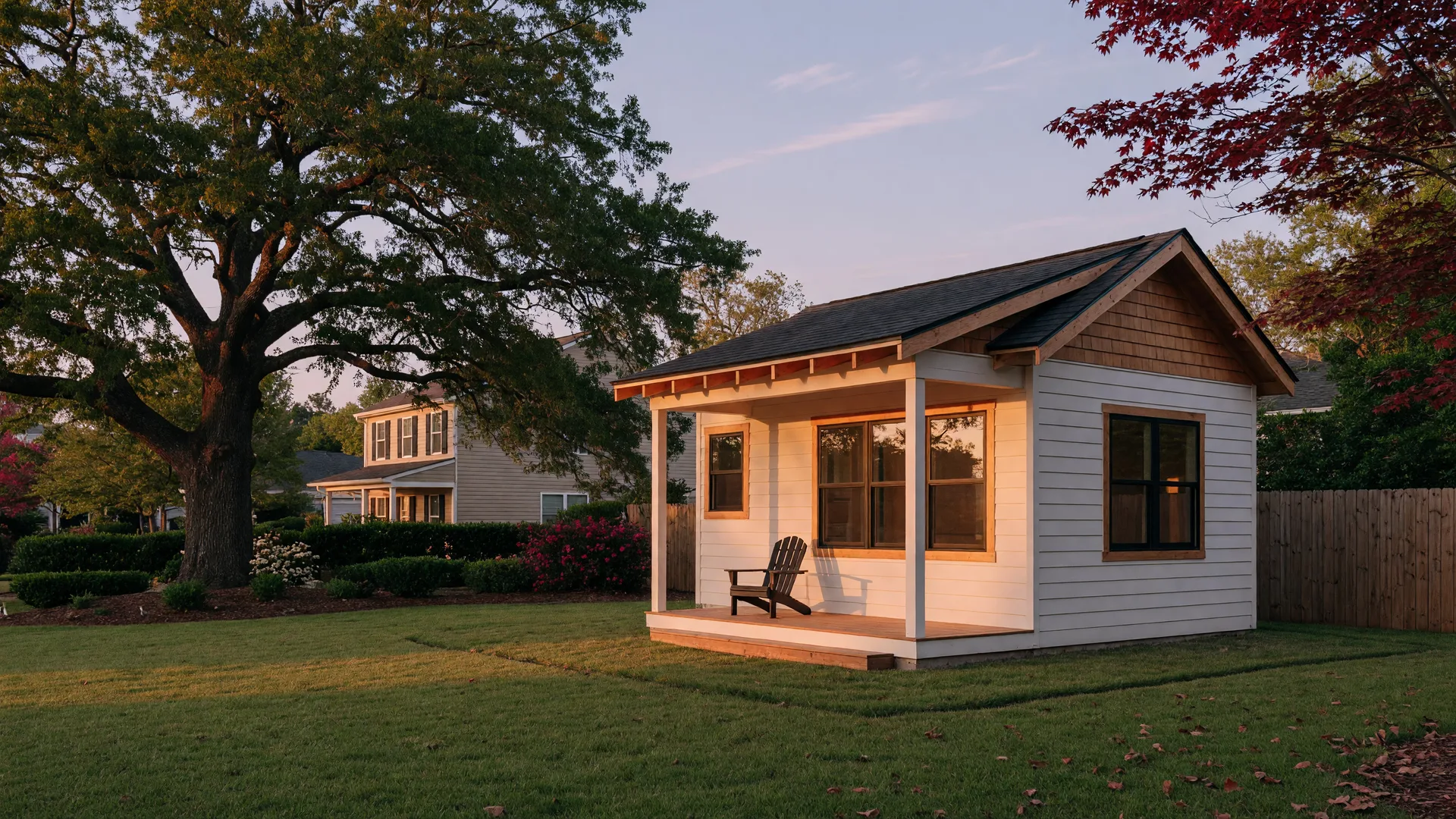 Modern backyard accessory dwelling unit in a Georgia suburb at golden hour with a covered porch and large windows.