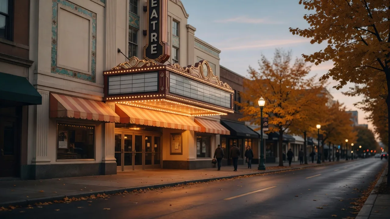 A classic small-city movie theater in a leafy New Jersey downtown at dusk, warm lights glowing on an October evening