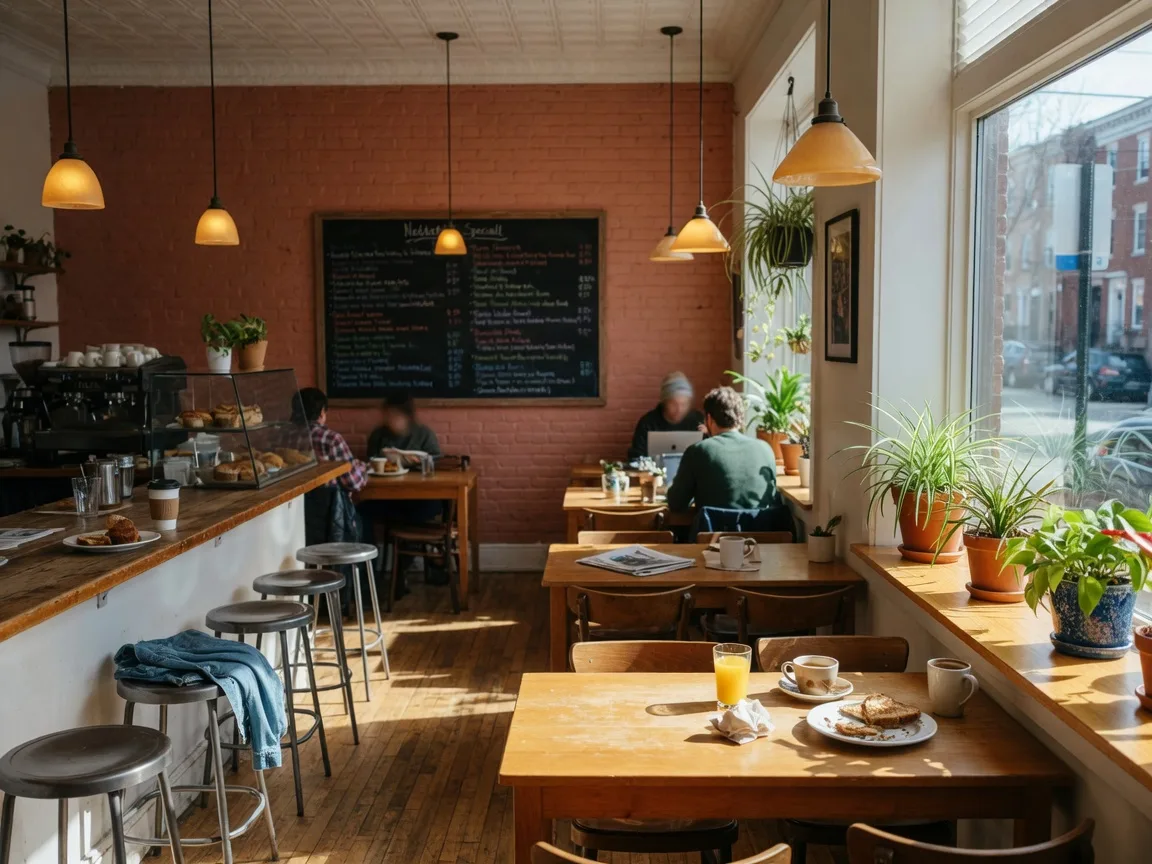 Interior of The People's Kitchen, a cozy neighborhood breakfast cafe in Bethlehem with warm wood tables, a chalkboard specials wall, pendant lighting, and counter seating
