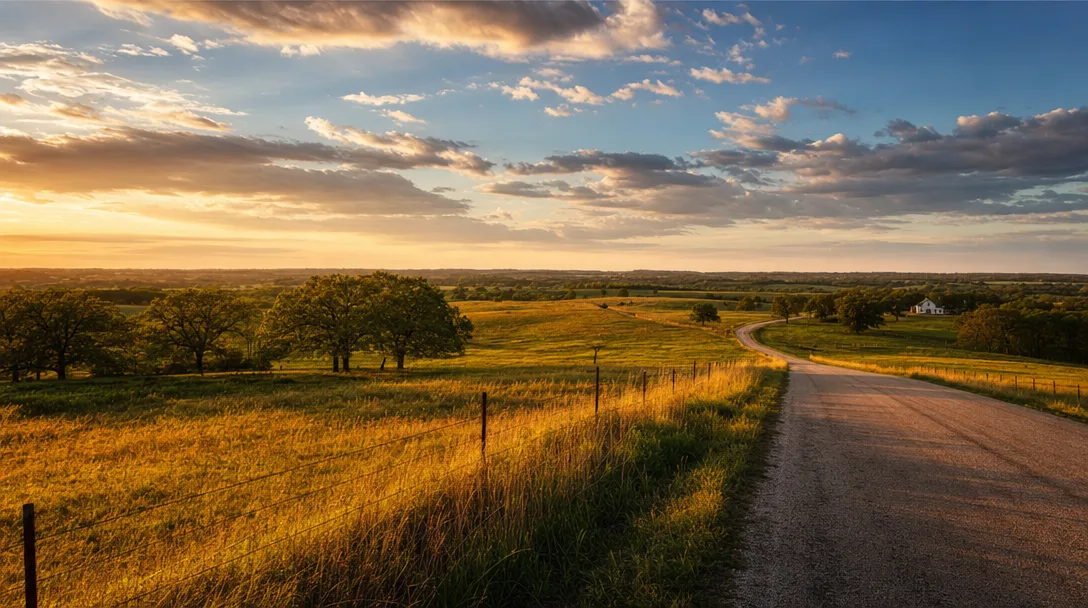 Rolling Red River Valley pastureland at golden hour in Northeast Texas
