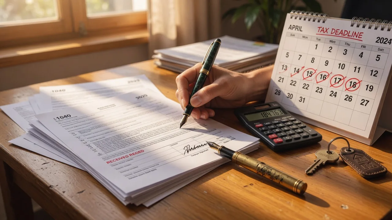 A hand signing official tax documents with a fountain pen at a wooden desk, with a calendar of circled dates and a house key