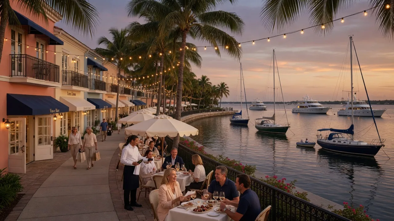 Upscale waterfront shopping district in Naples at golden hour with boutiques, outdoor wine tastings, string lights, and calm bay water